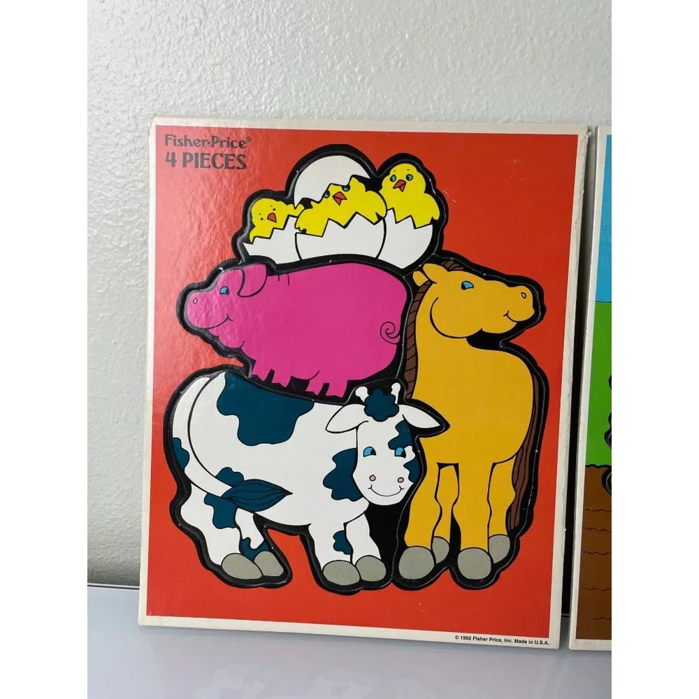 Vintage 1992 Fisher Price Farm Animals Bunny Cow Horse Beginner Puzzles, Toy